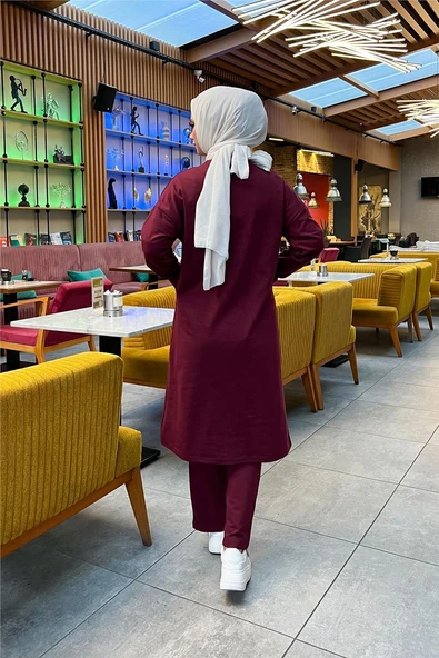 Önden İki Cepli Sade Basic Uzun Tunik Pantolon İkili Spor Takımı - 03067-1.009 - Bordo - Resim 8