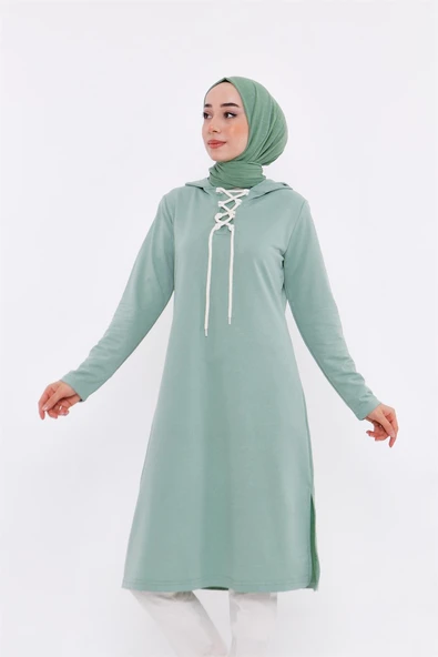 Eflin Yakadan Bağlamalı Kapşonlu Uzun Sweatshirt - 03030-1.100 - Çağla Yeşili - 4