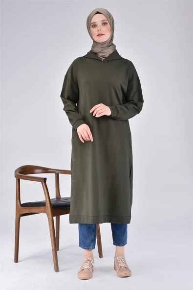 Atlas Kapşonlu Uzun Sade Basic Sweatshirt - 03007-1.005 - Haki ürün görseli