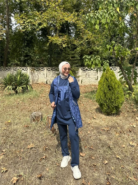 Dafne Cepli Eşofman Kolsuz Yelek Beli Lastikli Pantolon Üçlü Takım - (38-46) - 71149 - İndigo - 1