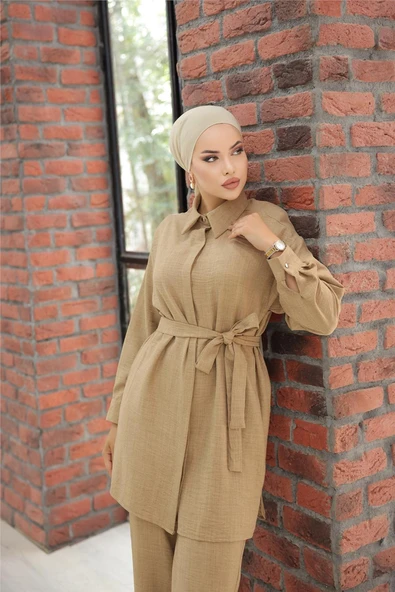 Gömlek Yaka Kuşak Detaylı İkili Takım - (38-46) - 71199 - Vizon - Resim 3