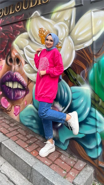 Papatya Taş Detaylı Nakış Baskılı Sweatshirt - (38-46) - 71143 - Fuşya - Resim 9