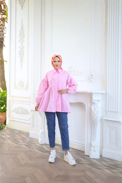 Kolları Lastikli Belden Büzgülü Bağcık Düğmeli Gömlek - (38-46) - 71302 - Pembe - Resim 3