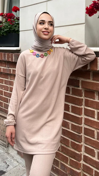 Candy Kolye Detaylı Tunik Pantolon İkili Takım - (38-46) - 71136 - Bej - 2