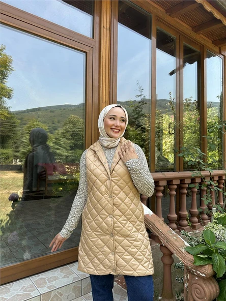 Despina Kapitone Fermuarlı Çıtçıtlı Kolsuz Yelek - (38-46) - 71150 - Bej - 4