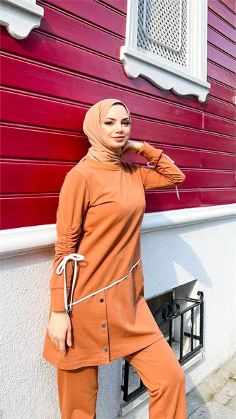 Koldan Bağcıklı Şeritli Çıtçıtlı İkili Tesettür Eşofman Takımı - (38-46) - 71180 - Hardal - Resim 8