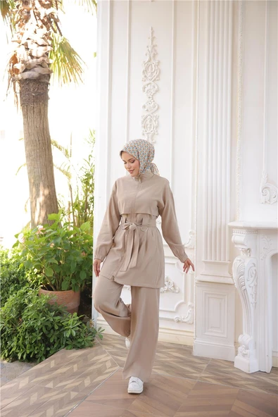 Balıkçı Yaka Belden Bağcıklı Fermuarlı İkili Tesettür Eşofman Takımı - (38-46) - 71301 - Bej - Resim 2
