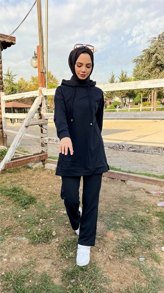 Kapşonlu O Yaka Sade Basic İkili Eşofman Spor Takımı - 03039-1.003 - Siyah - Resim 6