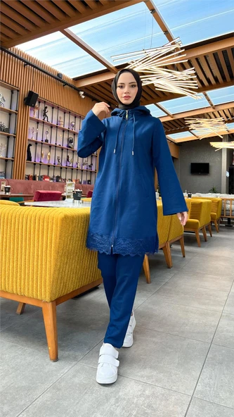Fermuarlı Kapşonlu Dantel Desenli Tunik Pantolon İkili Spor Takım - (38-46) - 71158 - İndigo ürün görseli