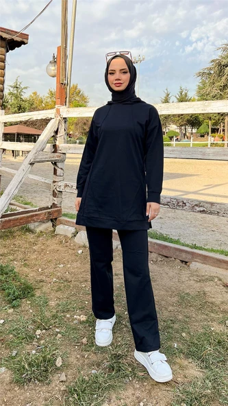 Kapşonlu O Yaka Sade Basic İkili Eşofman Spor Takımı - 03039-1.003 - Siyah - Resim 3