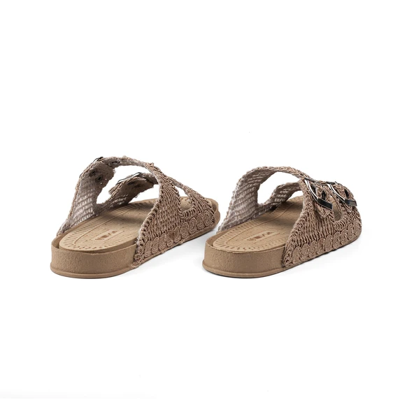 Kadın Camel Hasır Terlik Örgü Dantel Nakış İşlemeli Triko Yazlık Tatil Ev Günlük Terlik - Resim 2