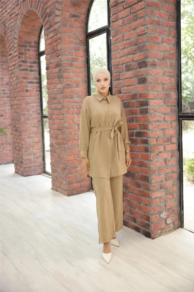 Gömlek Yaka Kuşak Detaylı İkili Takım - (38-46) - 71199 - Vizon ürün görseli