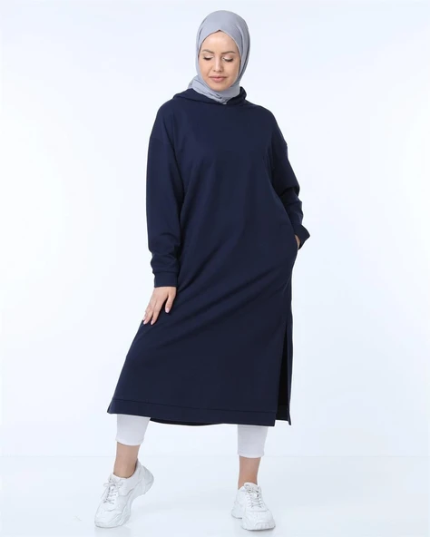 Atlas Kapşonlu Uzun Sade Basic Sweatshirt - 03007-1.015 - Lacivert - Resim 5