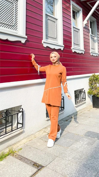 Koldan Bağcıklı Şeritli Çıtçıtlı İkili Tesettür Eşofman Takımı - (38-46) - 71180 - Hardal - Resim 2