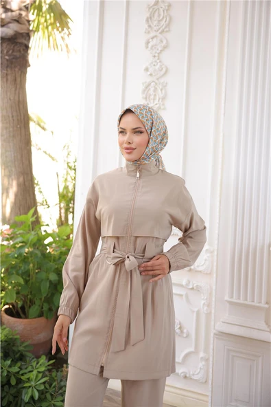 Balıkçı Yaka Belden Bağcıklı Fermuarlı İkili Tesettür Eşofman Takımı - (38-46) - 71301 - Bej - Resim 4