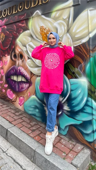 Papatya Taş Detaylı Nakış Baskılı Sweatshirt - (38-46) - 71143 - Fuşya - Resim 6