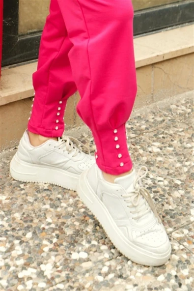 Zehmeri Taşlı ve Beli Lastikli Pantolon - (38-46) - 71101 - Fuşya - Resim 3
