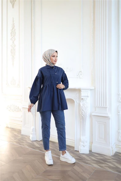 Kolları Lastikli Belden Büzgülü Bağcık Düğmeli Gömlek - (38-46) - 71302 - Lacivert - Resim 3