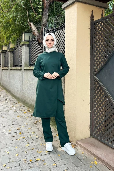 Kruvaze Bisiklet Yaka Sade Basic Tunik Panolon İkili Takım - 03076-1.021 - Nefti - Resim 3