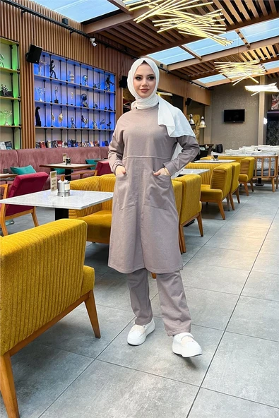 Önden İki Cepli Sade Basic Uzun Tunik Pantolon İkili Spor Takımı - 03067-1.016 - Vizon ürün görseli