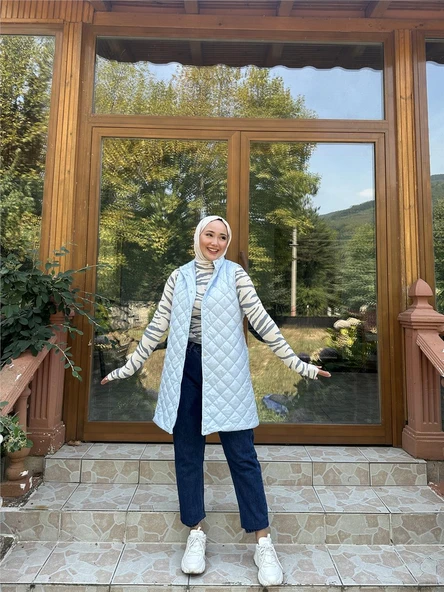 Despina Kapitone Fermuarlı Çıtçıtlı Kolsuz Yelek - (38-46) - 71150 - Buz Mavisi - 7