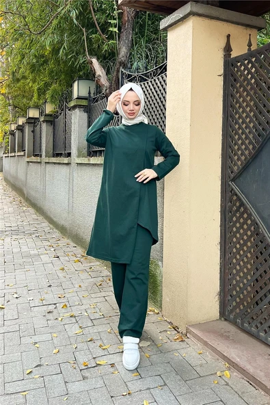 Kruvaze Bisiklet Yaka Sade Basic Tunik Panolon İkili Takım - 03076-1.021 - Nefti - Resim 4