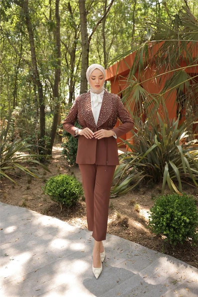 Belden Bağlamalı İncili Ceket Takımı - (38-46) - 71193 - Kahverengi - Resim 2