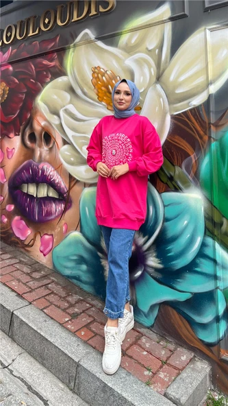 Papatya Taş Detaylı Nakış Baskılı Sweatshirt - (38-46) - 71143 - Fuşya - Resim 8
