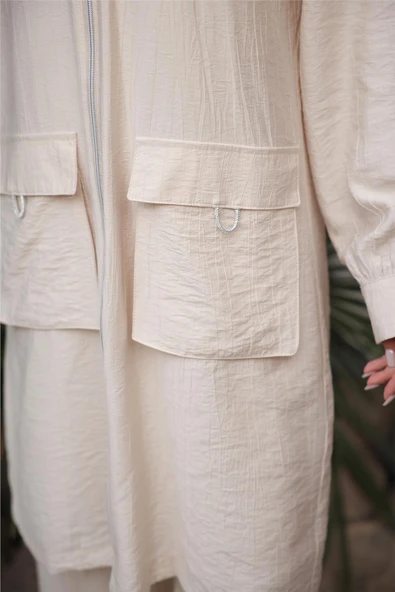 Kapşonlu Fermuarlı Çift Cepli Kap İkili Tesettür Eşofman Takımı - (38-46) - 71305 - Bej - Resim 4