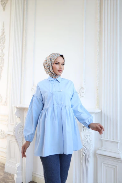 Kolları Lastikli Belden Büzgülü Bağcık Düğmeli Gömlek - (38-46) - 71302 - Mavi ürün görseli