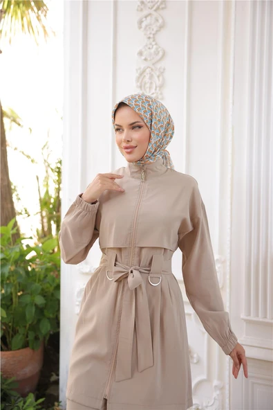 Balıkçı Yaka Belden Bağcıklı Fermuarlı İkili Tesettür Eşofman Takımı - (38-46) - 71301 - Bej - Resim 3