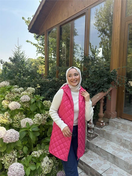 Despina Kapitone Fermuarlı Çıtçıtlı Kolsuz Yelek - (38-46) - 71150 - Fuşya - 5