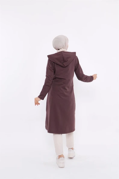 Eflin Yakadan Bağlamalı Kapşonlu Uzun Sweatshirt - 03030-1.028 - Kahverengi - Resim 3