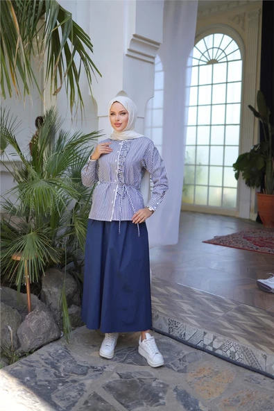 Belden Bağcıklı Fırfır Detalı Gömlek - Etek Takımı - (38-46) - 71303 - Lacivert ürün görseli