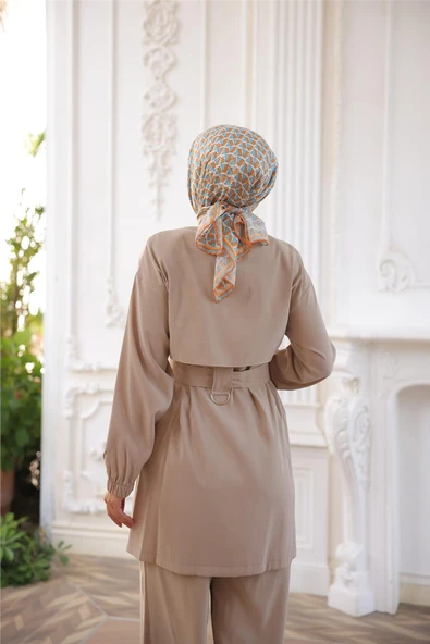 Balıkçı Yaka Belden Bağcıklı Fermuarlı İkili Tesettür Eşofman Takımı - (38-46) - 71301 - Bej - Resim 7