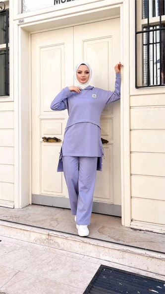 Kapşonlu Yırtmacı Bağcık Detaylı Pamuklu Tesettür Eşofman Takımı - (38-46) - 71168 - Lila - Resim 10