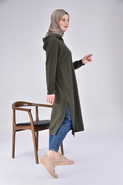 Atlas Kapşonlu Uzun Sade Basic Sweatshirt - 03007-1.005 - Haki - Resim 9