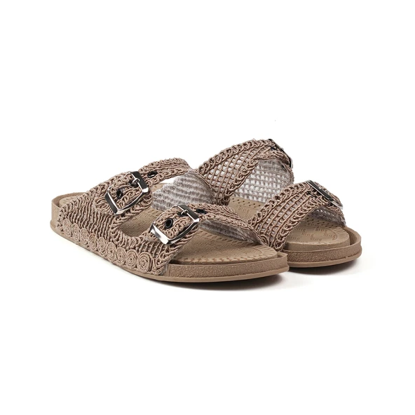 Kadın Camel Hasır Terlik Örgü Dantel Nakış İşlemeli Triko Yazlık Tatil Ev Günlük Terlik ürün görseli 1