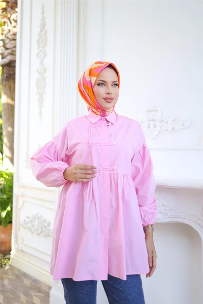 Kolları Lastikli Belden Büzgülü Bağcık Düğmeli Gömlek - (38-46) - 71302 - Pembe - Resim 5