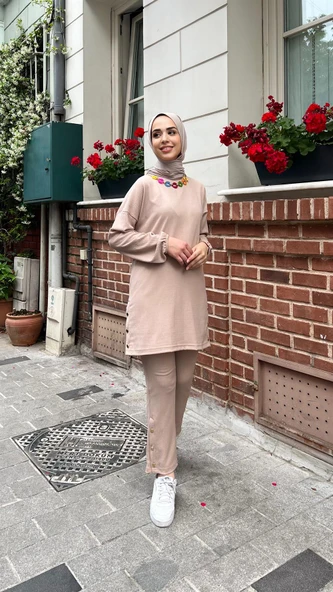 Candy Kolye Detaylı Tunik Pantolon İkili Takım - (38-46) - 71136 - Bej - 1