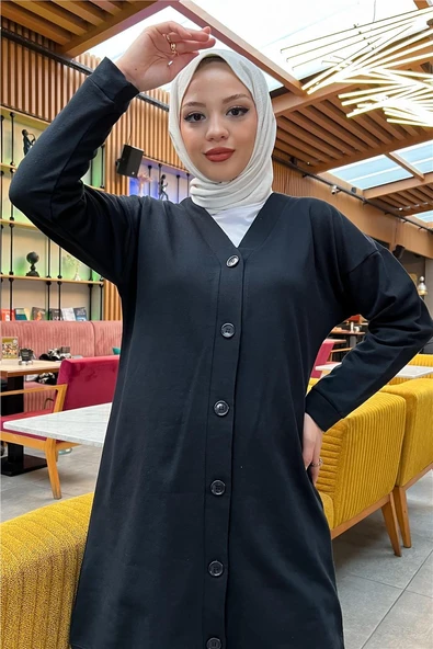 Düğmeli V Yakalı Sade Basic Eşofman Spor İkili Takım - 03051-1.003 - Siyah - Resim 6