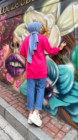 Papatya Taş Detaylı Nakış Baskılı Sweatshirt - (38-46) - 71143 - Fuşya - Resim 2