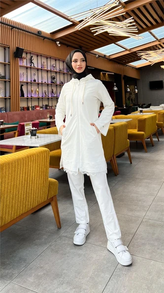Fermuarlı Kapşonlu Dantel Desenli Tunik Pantolon İkili Spor Takım - (38-46) - 71158 - Krem - Resim 6