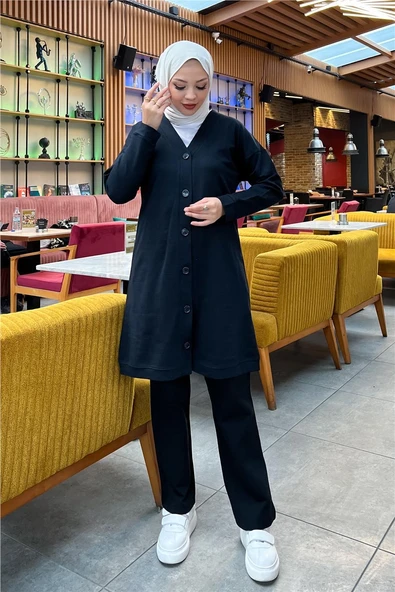 Düğmeli V Yakalı Sade Basic Eşofman Spor İkili Takım - 03051-1.003 - Siyah - Resim 3