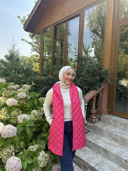 Despina Kapitone Fermuarlı Çıtçıtlı Kolsuz Yelek - (38-46) - 71150 - Fuşya - 3