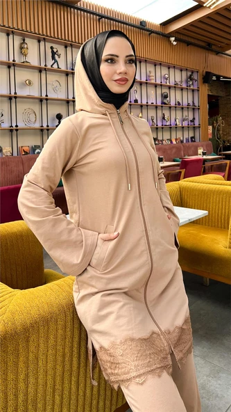 Fermuarlı Kapşonlu Dantel Desenli Tunik Pantolon İkili Spor Takım - (38-46) - 71158 - Bej - Resim 6