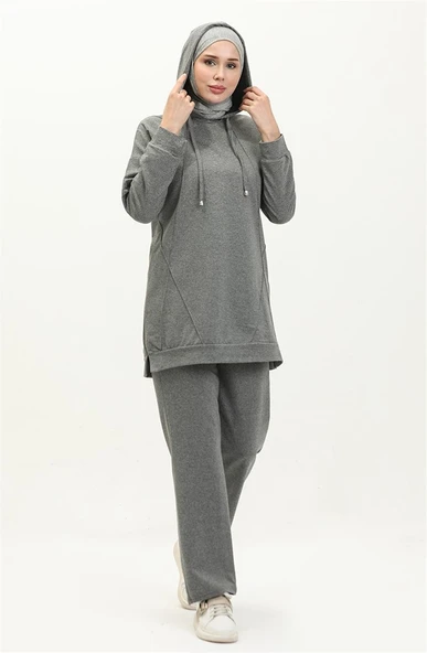 Kapşonlu O Yaka Sade Basic İkili Eşofman Spor Takımı - 03039-1.017 - Antrasit - Resim 2