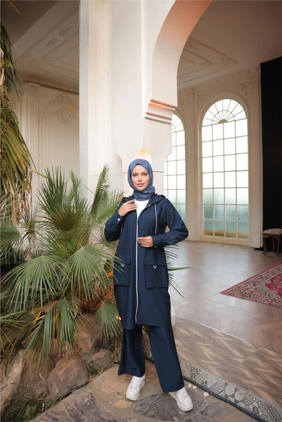 Kapşonlu Fermuarlı Çift Cepli Kap İkili Tesettür Eşofman Takımı - (38-46) - 71305 - Lacivert ürün görseli