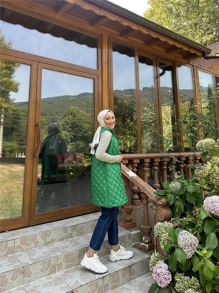 Despina Kapitone Fermuarlı Çıtçıtlı Kolsuz Yelek - (38-46) - 71150 - Koyu Yeşil - 3