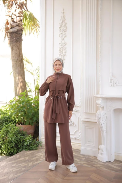 Balıkçı Yaka Belden Bağcıklı Fermuarlı İkili Tesettür Eşofman Takımı - (38-46) - 71301 - Kahverengi - Resim 2